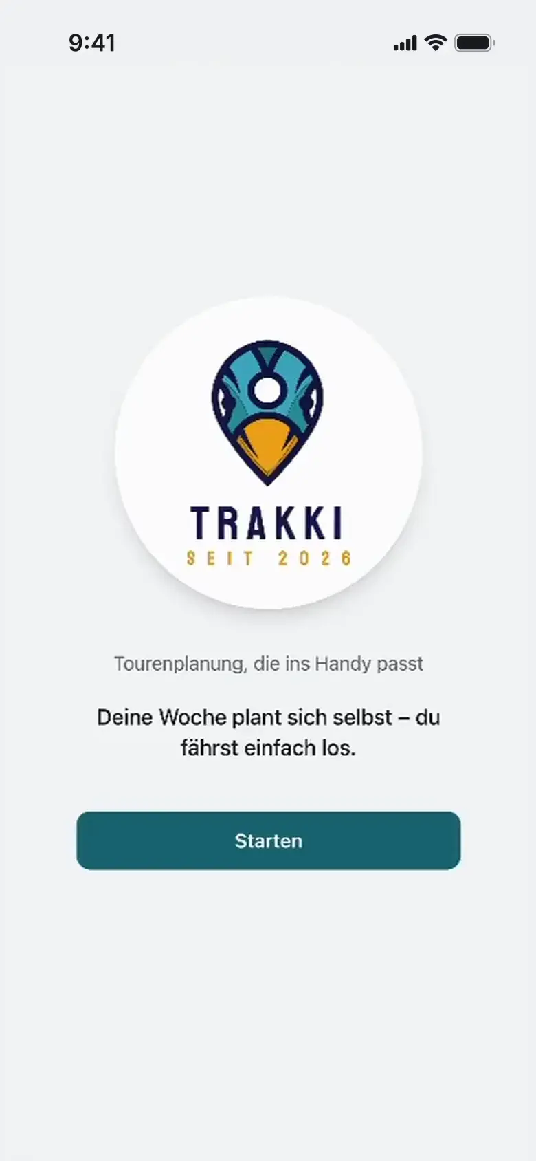 Der Startbildschirm der App: das trakki-Zeichen, darunter der Einstieg in den Tag.