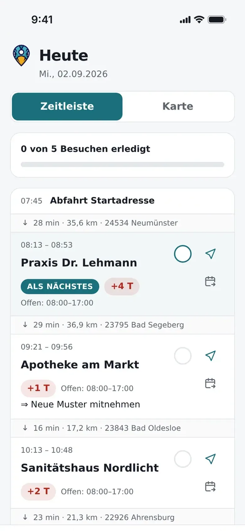 Der Tagesplan in der App: fünf Besuche mit Ankunftszeit und Besuchsdauer, dazwischen Fahrzeit und Entfernung.