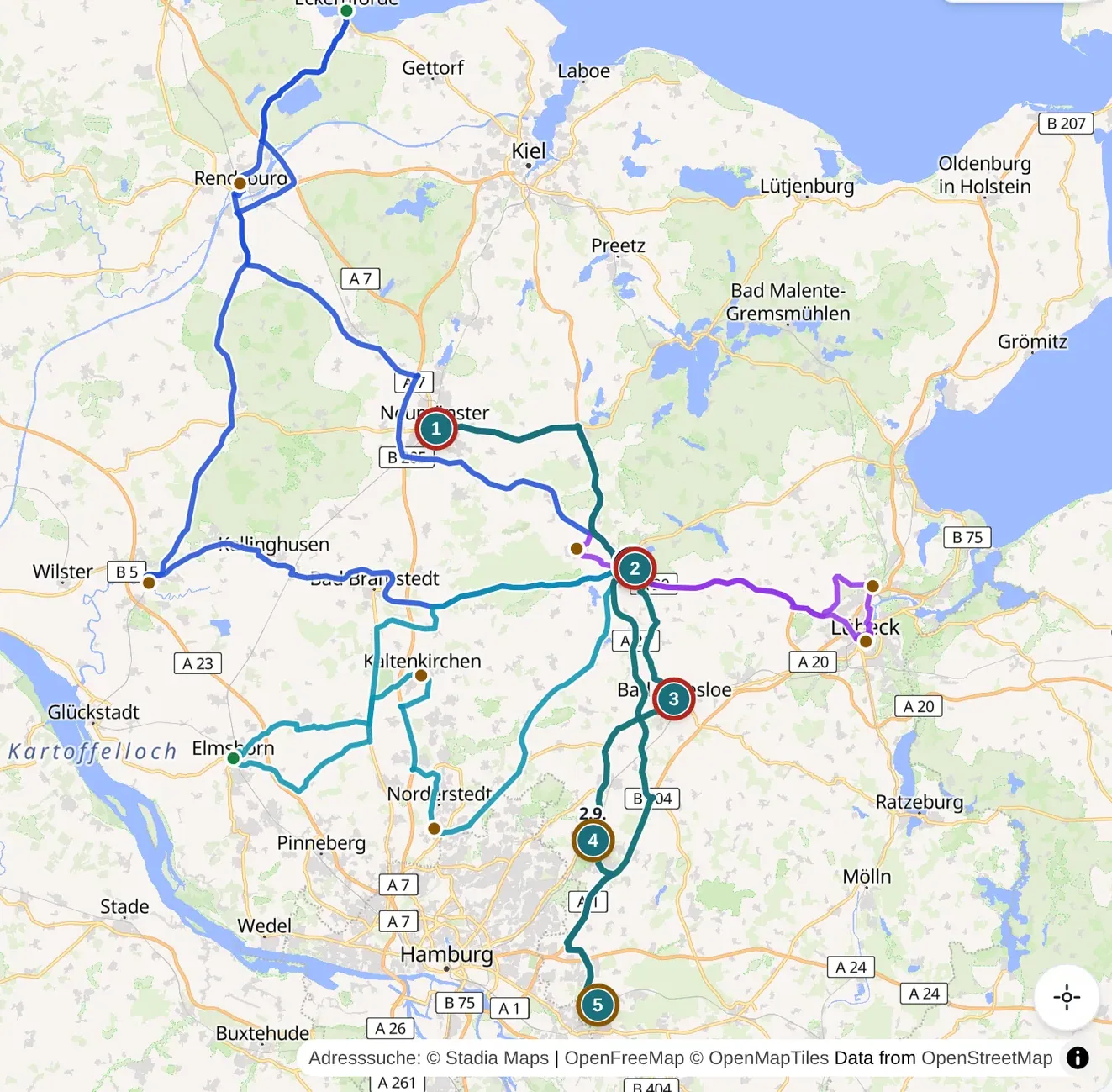 Die Gebietskarte der App: Kunden als farbige Punkte zwischen Kiel, Lübeck und Hamburg, die Wochentouren als farbige Linien, der heutige Tag als nummerierte Route.