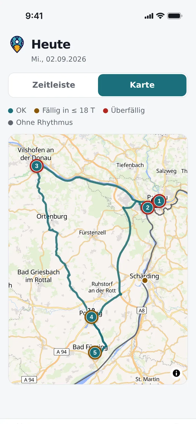 Die Karte in der App: die Tagesroute als Linie über Passau und das Rottal, jeder Besuch als nummerierter Punkt.