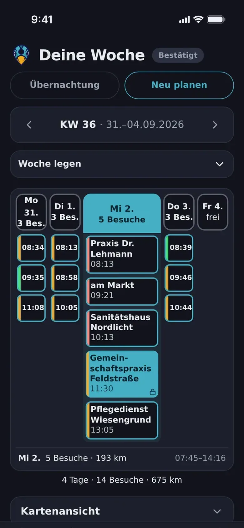 Dieselbe Wochenansicht im Dunkelmodus der App.