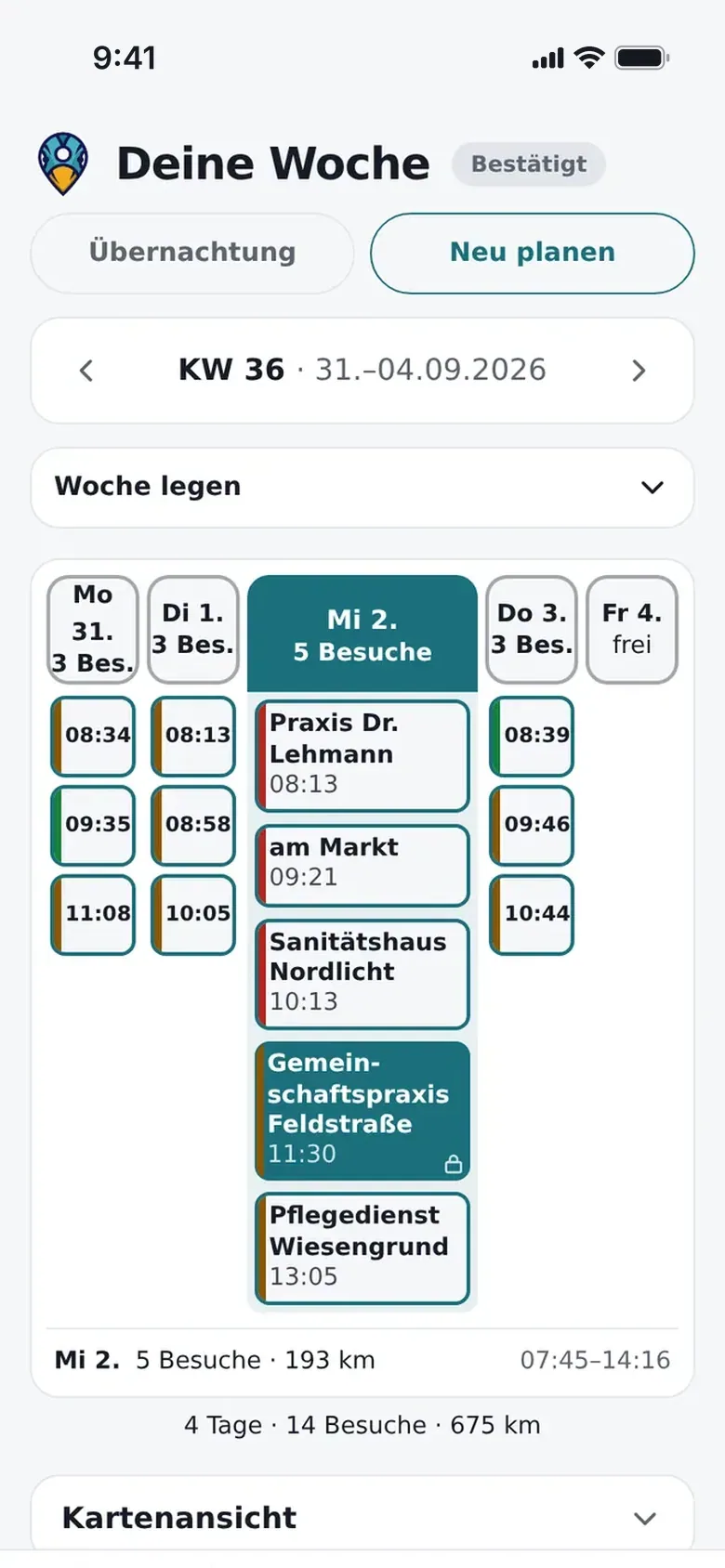 Die Wochenansicht in der App: Montag bis Freitag nebeneinander, der laufende Tag mit fünf Besuchen aufgeklappt, darunter die Summe aus Besuchen und Kilometern.